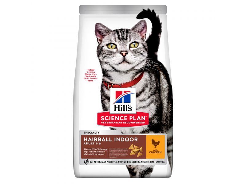 HILL'S CAT ADULT INDOOR HAIRBALL CHICKEN 10 KG - SAUSAS MAISTO SU VIŠTA PLOKŠTĖMS PAŠALINIMUI KAMBARYJE KATĖMS
