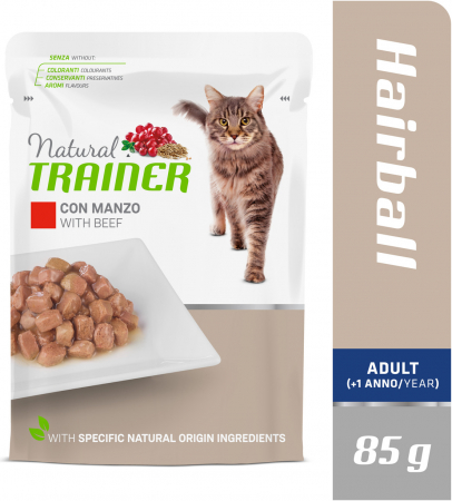 NATURAL TRAINER HAIRBALL BEEF BUSTA 85G - KONSERVAI SUAUGUSIŲ KATŲ SPALVOS IŠSKYRIMUI SU JAUČIU