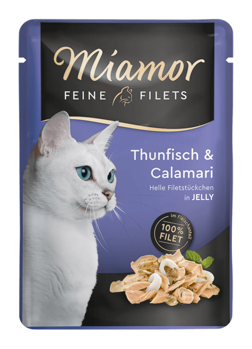 Miamor Feine Fillets 100g - Filetų gabalėliai želėje su tunu ir kalmarais