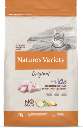 Grudų nenaudojantys pašarai su kalakutu suaugusiems sterilizuotiems katinams 7kg - Nature's Variety Cat Original Be Grūdų Sterilizuotas Kalakutas