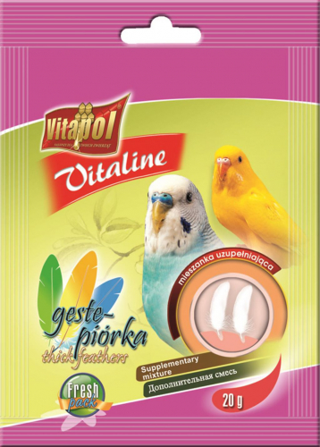 Papildomas mišinys vėlesniems papūgoms plunksnų pagerinimui 20g - Vitapol VITALINE Tankūs plunksniukai papildoma mišinys banguosioms žąsims