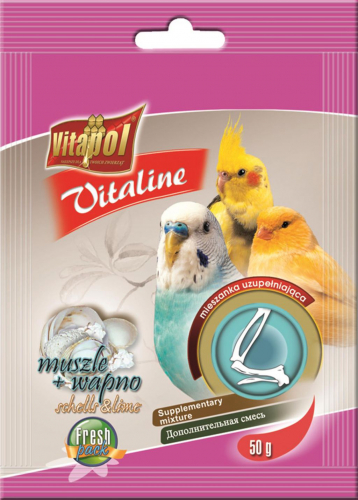 Papildoma priemaiša paukštims su varliagyvių skeldomis ir kalciumi 50g - Vitapol VITALINE kriaušės ir sieros papildoma mišinys paukštims
