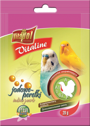 Papildomas mišinys bangotiesiems papūgėliams - jodo perlės 20g - Vitapol VITALINE Jodo perlės papildomas mišinys banguotiesiems papūgėliams
