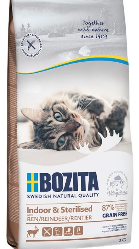 Bozita Grain Free Indoor & Sterilized Reindeer 2kg - bezgrudžių sausas maistas su šiaurine sambardele sterilizuotiems katinams