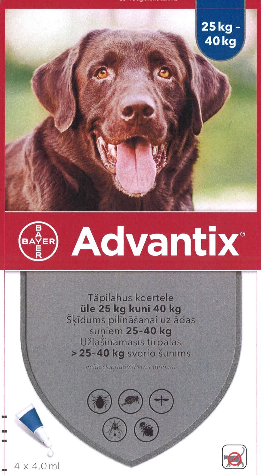 Advantix 2000 mg/400 mg tirpalas (pipetės) lašinamas ant odos šunims 25-40 kg 1gb