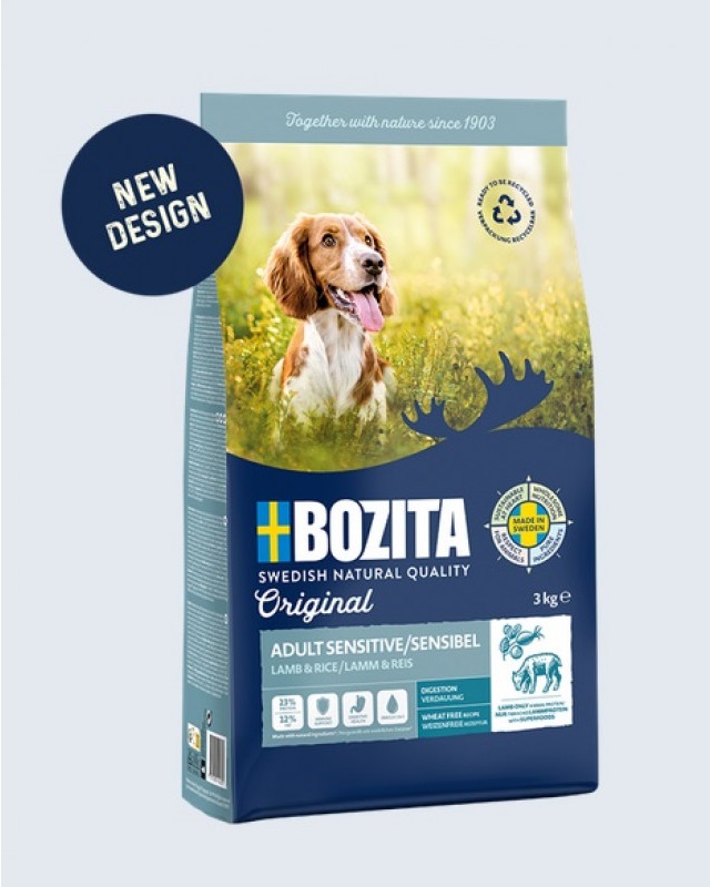 Bozita Original Adult Sensitive Digestion 12kg - be glitimo sausa pašara su aviena ir ryžiais šunims su jautria virškinimo sistema.