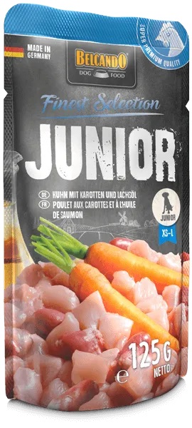 Belcando Junior Chicken su morkomis ir lašiša aliejumi 125gr - Vištiena su morkomis ir lašišų aliejumi šuniukams ir jauniems šunims