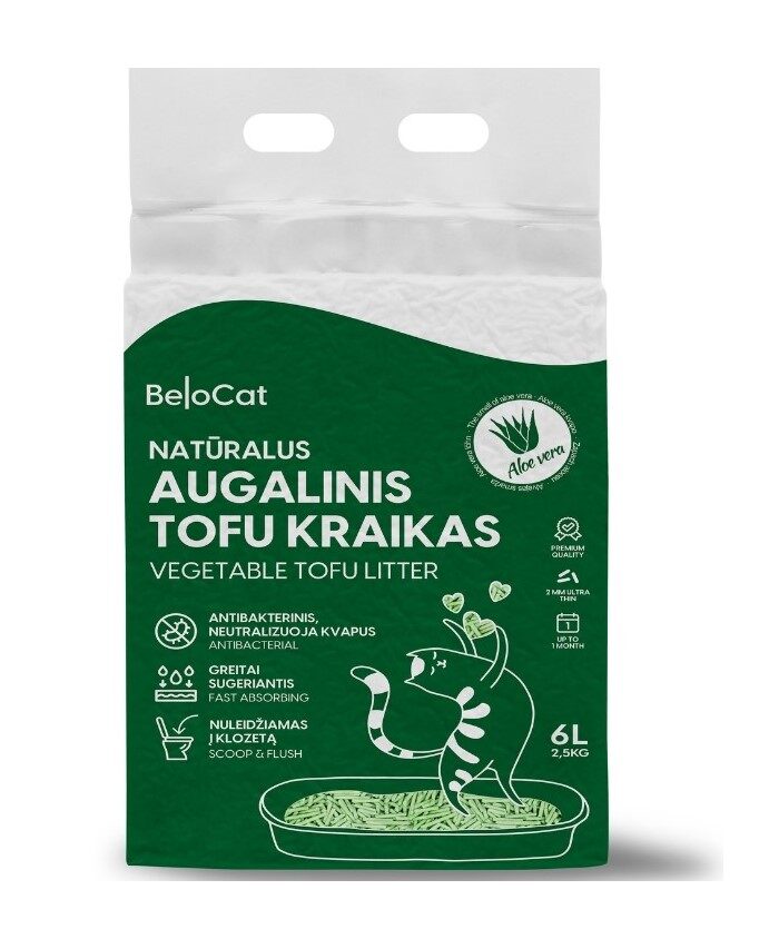 BeloCat Tofu Klumpuojamas Katinų Šiurkščias Medžiagas Su Aloja 6l - natūralūs granuliuoti katinų substratai su kukurūzų krakmolu ir sojos pluoštu, su alėja.