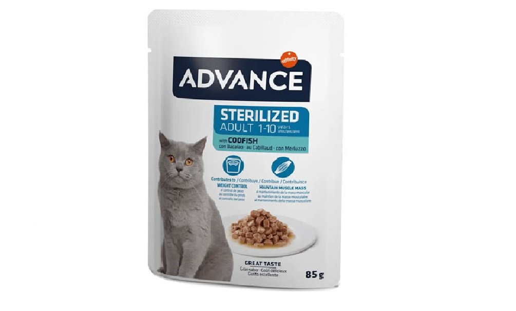 Adv cat WET sterilizuotas menkes 85gr - visavertis ir subalansuotas drėgnas pašaras, specialiai sukurtas patenkinti sterilizuotų suaugusių katės poreikius. Su menke.