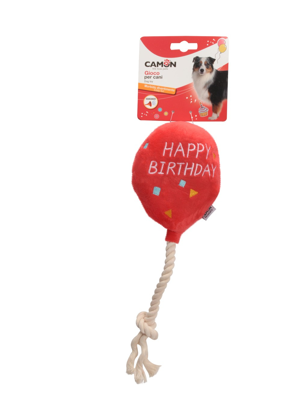 Žaislas šunims - pliušinis balionas "HAPPY BIRTHDAY" su virve 30cm.