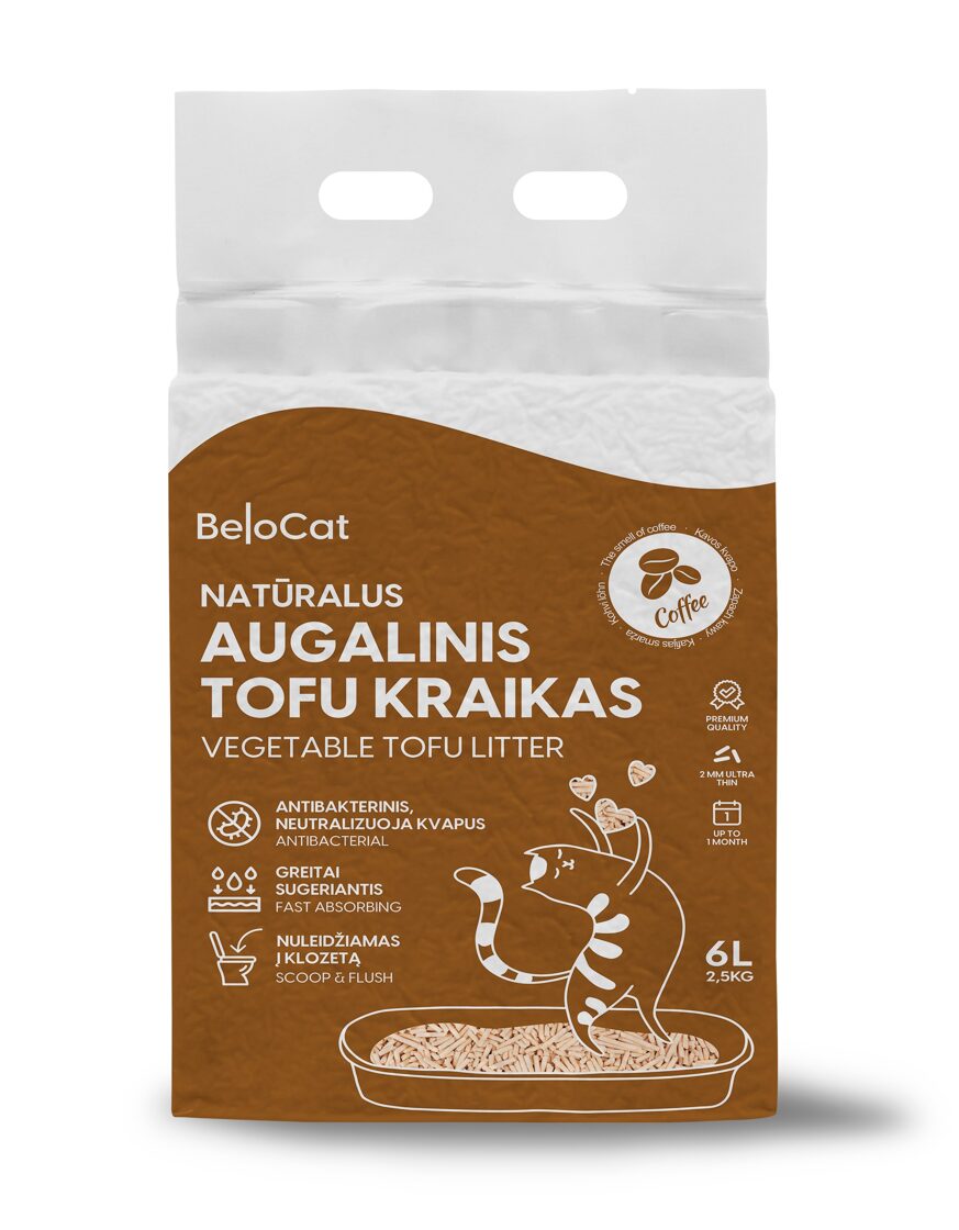 BeloCat Tofu Clumping Cat Litter Coffee 6l - natūraliai granuliuotas katinų kraikas su kavos gaivinu aromatu