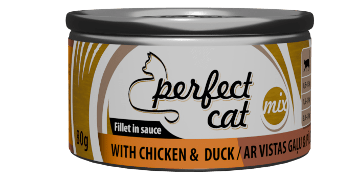 PERFECT CAT WITH CHICKEN&DUCK SAUSE 80G - PILNAVERČIA MITYBA KATĖMS SU VIŠTIENOS IR ANTIES MĖSAIS PADAZE