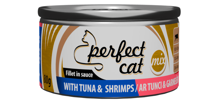 PERFECT CAT WITH TUNA&SHRIMP 80G - PILNAS VERČIOS MAISTAS KATĖMS SU TUNU IR GARNELELĖMIS PADAŽE