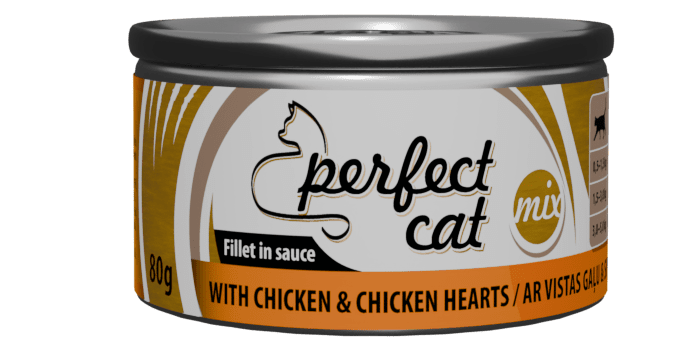 PERFECT CAT WITH CHICKEN&CHICKEN HEARTS SAUSE 80G - PILNAVERTIS MAISTAS KATEMS SU VIŠTIENOS MĖSA IR VIŠTIENOS ŠIRDYSE PADAŽE