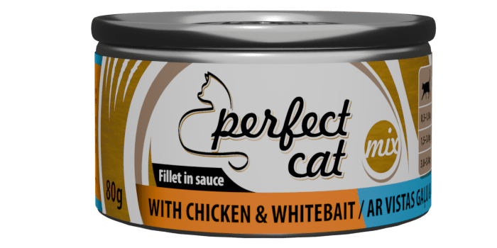 PERFECT CAT WITH CHICKEN&WHITEBAIT SAUSE 80G - PILNAVERTIŠKAS MITYBOS KATĖMS SU VIŠTIENOS MĖSA IR ANŠOVIO PADĖTUVIU
