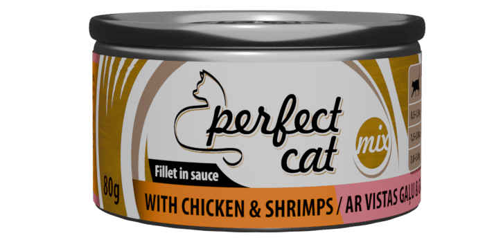 PERFECT CAT WITH CHICKEN&SHRIMP SAUSE 80G - PILNAVERTĖ KATĖMS MAISTAS SU VIŠTIENOS MĖSA IR KREVETĖS PADAŽU