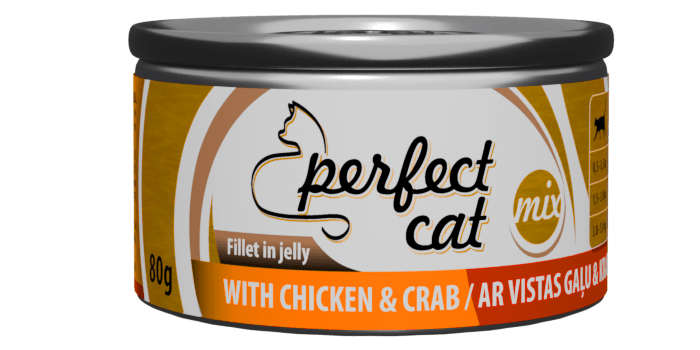 PERFECT CAT WITH CHICKEN&CRAB JELLY 80G - PILNAS VERTĖS KATĖMS MĖSA IŠ VIŠTIENOS IR KRABŲ ŽELĖJE