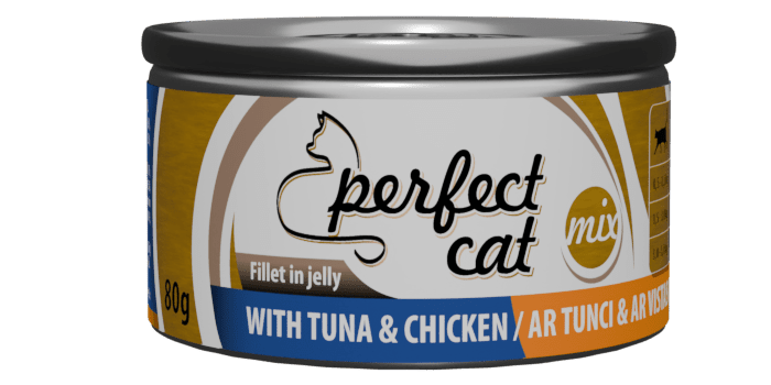PERFECT CAT WITH TUNA&CHICKEN 80G - PILNAVERTIŠKAS MITYBOS KATĖMS SU TUNU IR VIŠTIENOS MĖSA ŽELĖJE