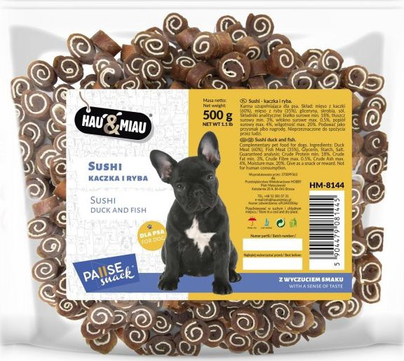 HAU & MIAU sushi - antis ir žuvis 500g - papildomas maistas suaugusiems šunims, sušis su kalakutiena ir žuvimi
