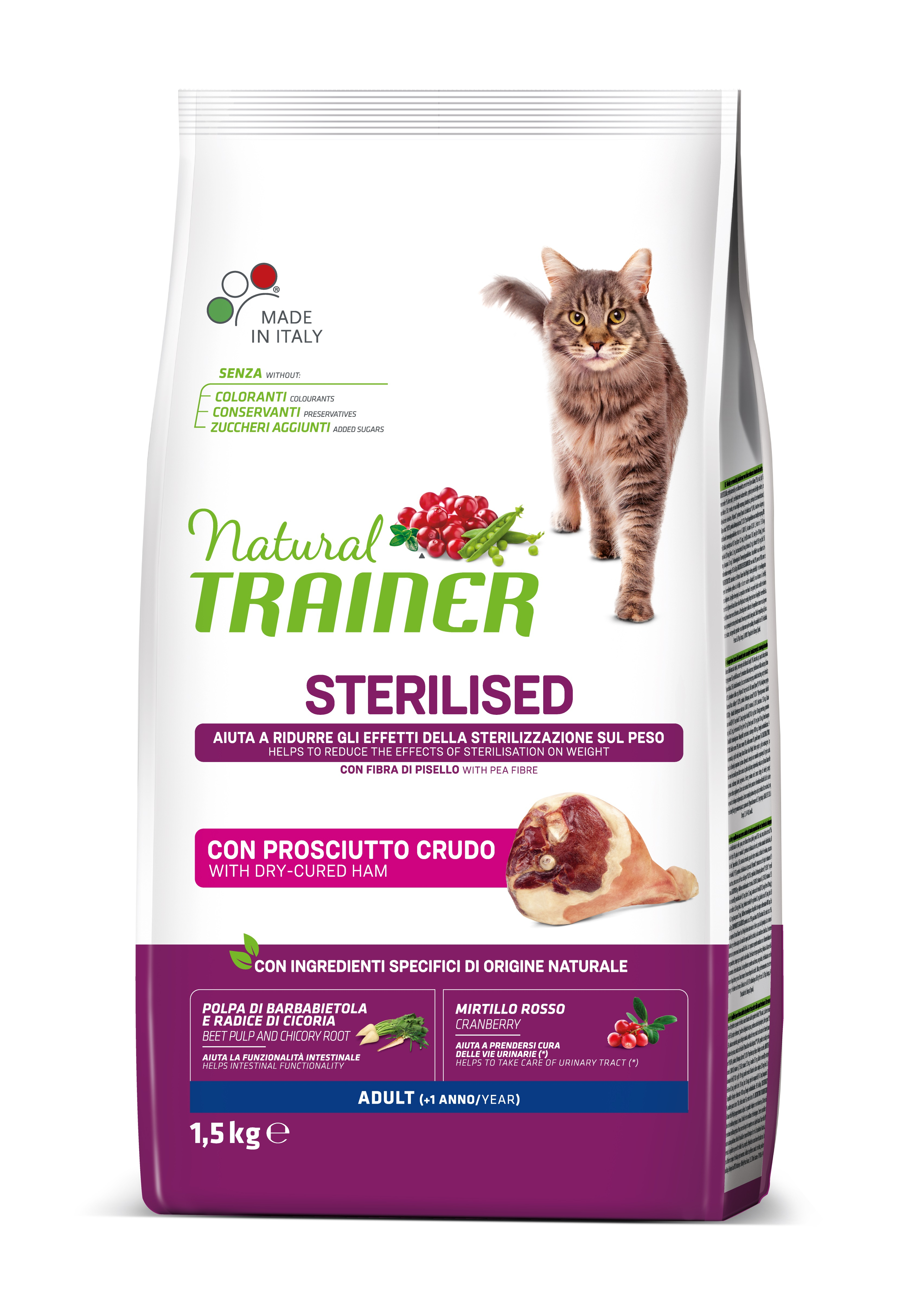 NT CAT ADULT STERILISED DRY-CURED HAM&PEA 1.5 kg - visapusiška ir subalansuota mityba sterilizuotiems suaugusiems katėms nuo 1 metų amžiaus