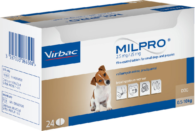 Virbac Milpro 2,5 mg/25 mg tbl. šunims 0,5-10 kg N24*