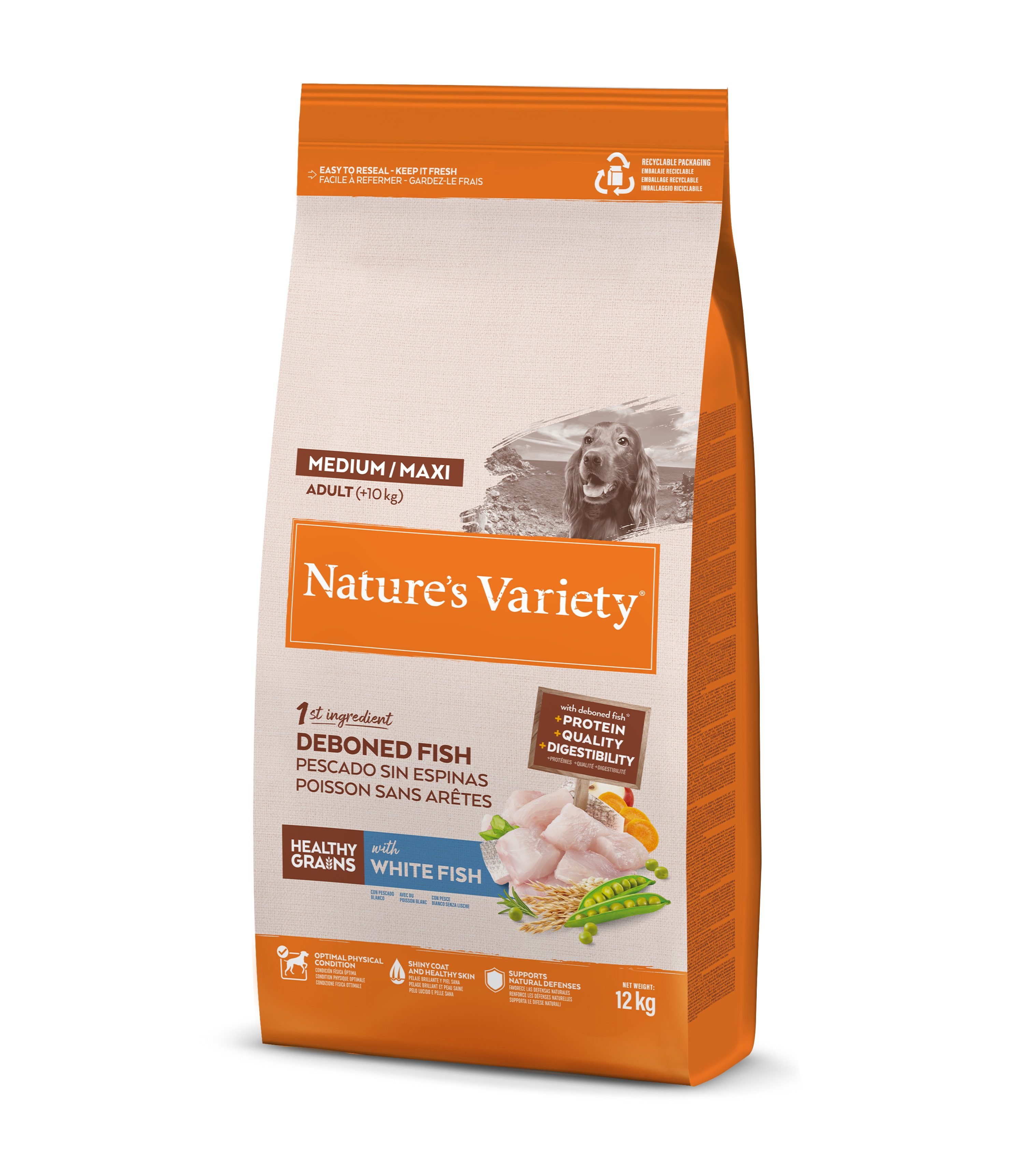 NV Dog Healthy Grain Adult Med/Maxi White Fish 12kg - visaverčiai maistas suaugusiems vidutinės/didelės veislės šunims, su sveikais grūdais ir baltąja žuvis