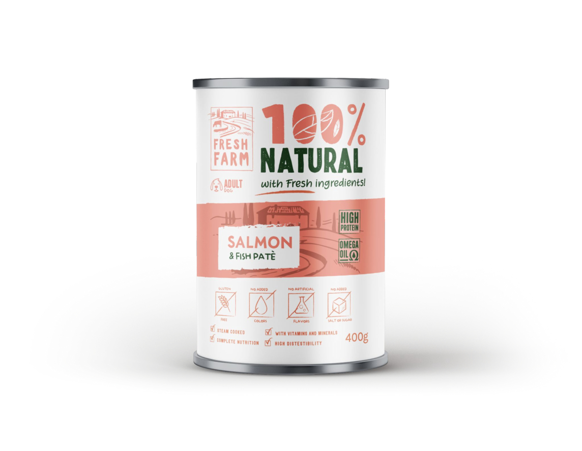Fresh Farm Dog Smooth Pate Salmon & Fish 400gr - visavertis maistas, pastetų forma konservai su lašiša ir žuvimis