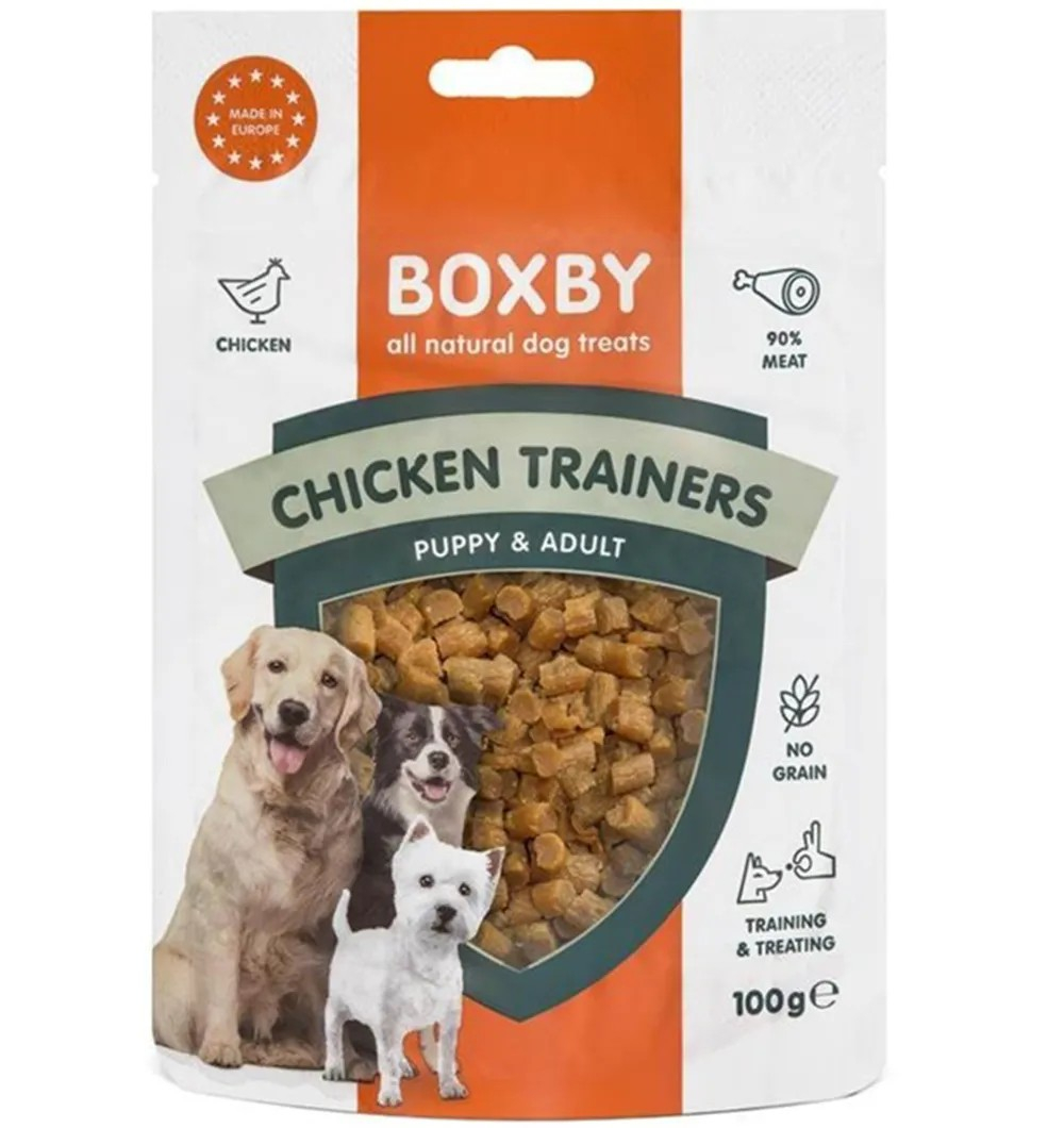 BOXBY CHICKEN TRAINERS 100G - UŽKANDIS ŠUNIUKAMS IR SUAUGUSIEMS ŠUNIMS (100% VIŠTIENA)