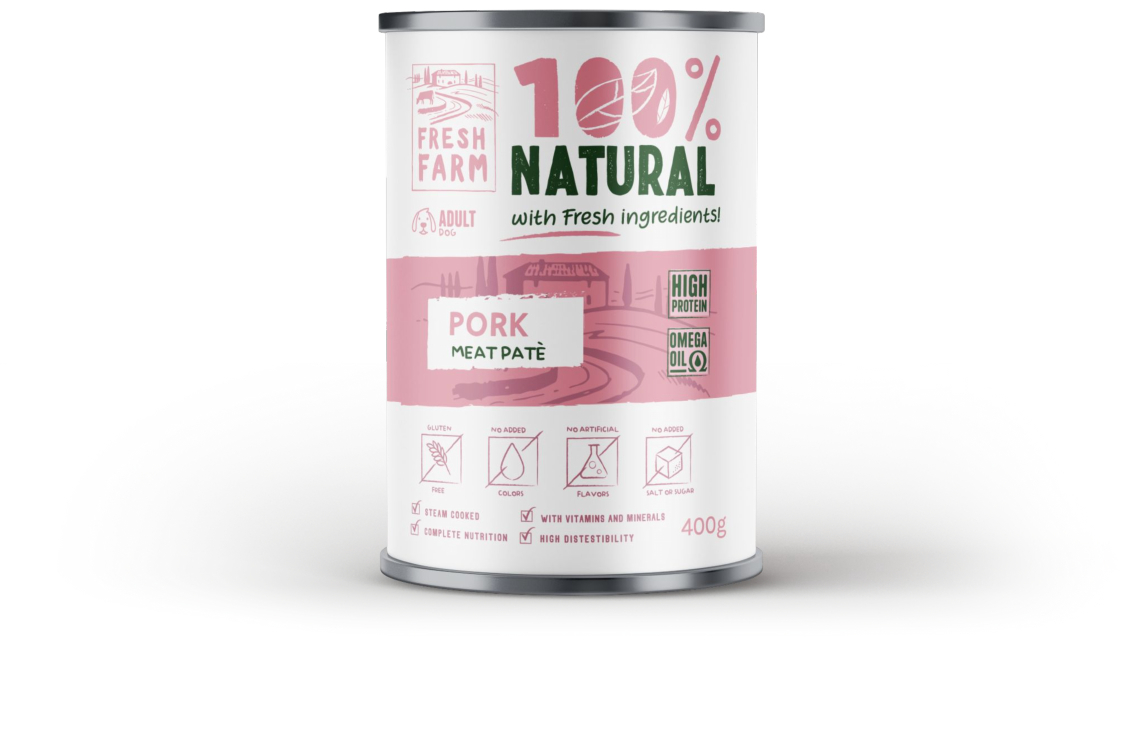 Fresh Farm Dog Smooth Pate with Pork 400gr - visavertė mityba, pastetų tipo konservai su kiaulienos mėsa