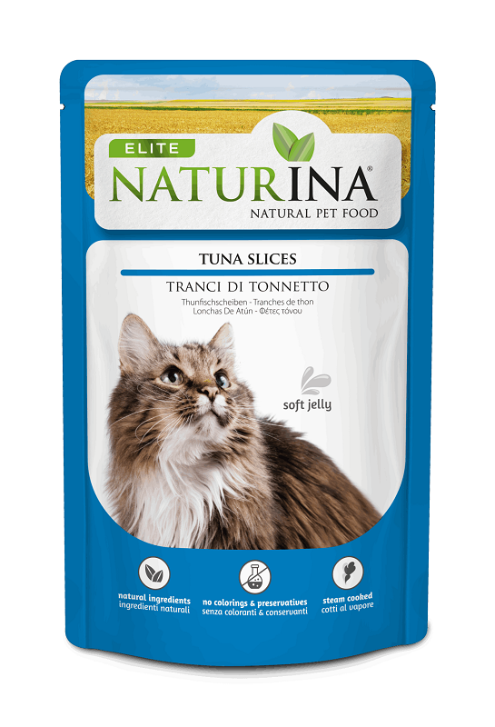 NATURINA ELITE DRĖGNOS TUNO PJAUSTYKLĖS ŽELĖJE 70G - KONSERVUOTI KATĖMS (TUNO GABALĖLIAI ŽELĖJE)