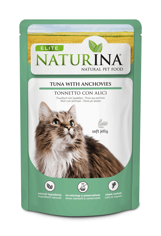 NATURINA ELITE WET TUNA WITH ANCHOVIES IN JELLY 70G - KONSERVUOTI KATĖMS (TUNCIKAS SU ANŠOVIAIS ŽELĖJE)
