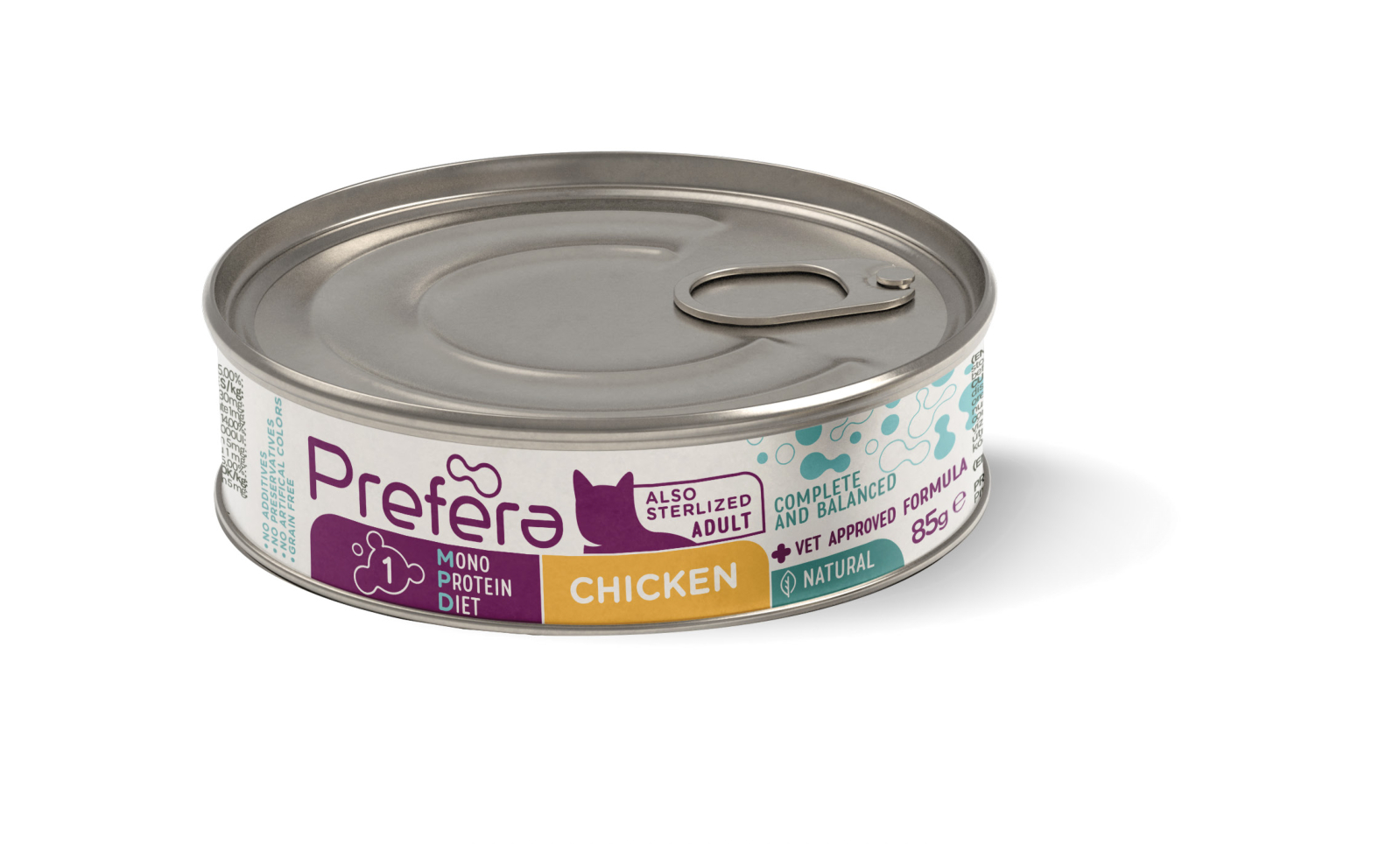 Fresh Farm CAT Prefera MPD Adult chicken 85gr - pilnavertė drėgna maista suaugusiems katinams (taip pat sterilizuotiems), vienbaltyminė maista su vištienos mėsa.