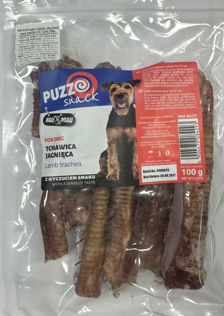 HAU & MIAU šunų užkandis, avinėlio trachėja, ilgis, 14-17cm, 100 g - papildomas maistas suaugusiems šunims, džiovinta avinėlio trachėja, 14-17cm.