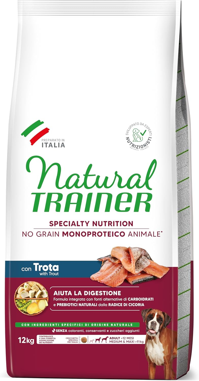 NATURAL TRAINER DOG NO GRAIN ADULT MEDIUM/MAXI TROUT 12 KG - subalansuotas ir visiškai pilnavertis maistas suaugusiems vidutinio ir didelio dydžio šunims (>11 kg)