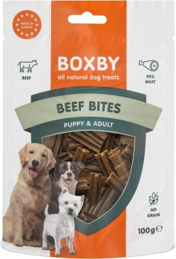Boxby Beef Bites 100g - papildoma mityba suaugusiems šunims, jautienos gabalėliai. Puikiai tinka šuns mokymui ir apdovanojimui.