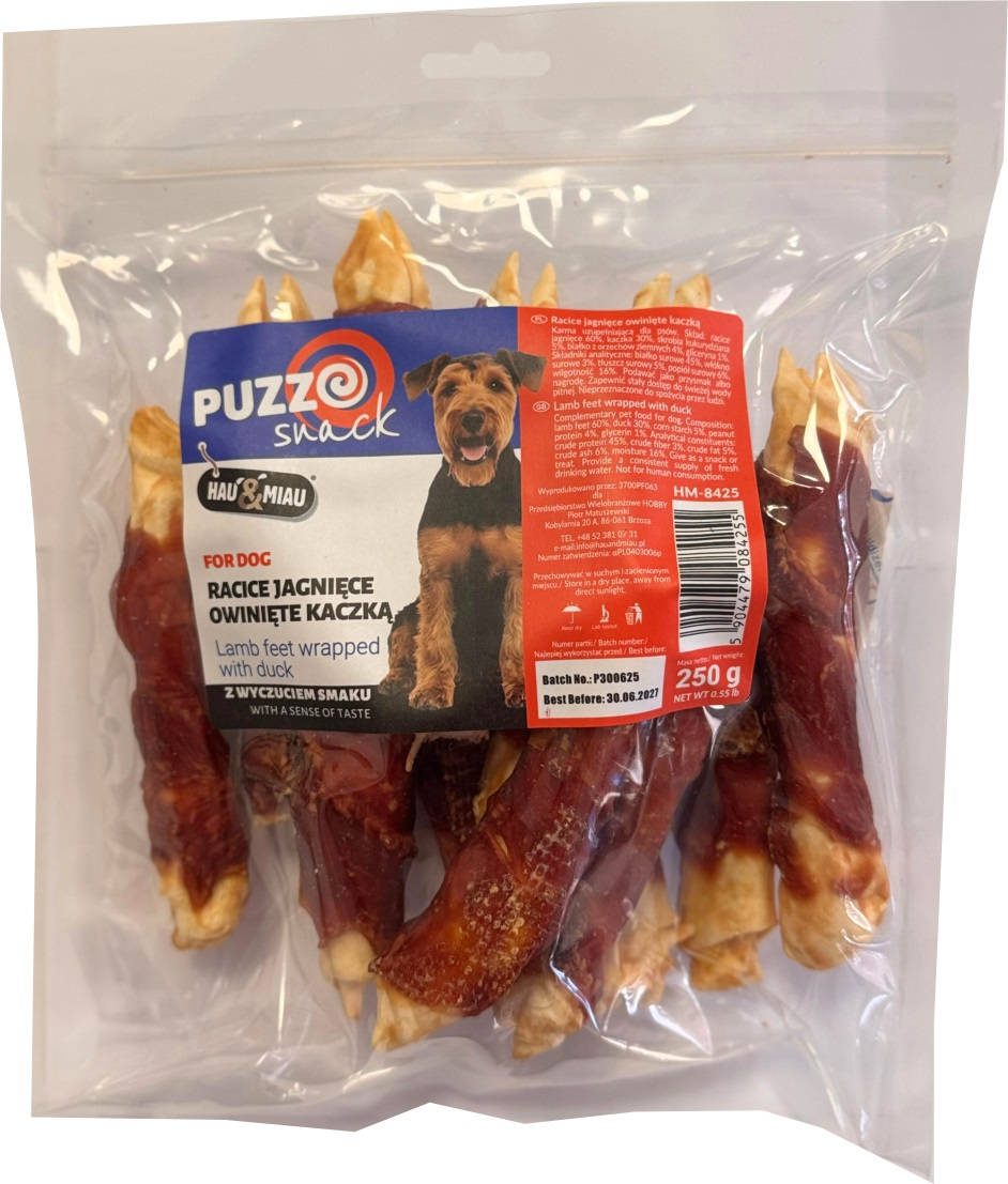 HAU&MIAU šunų užkandis, antienos įvynioti avių kojelės 250g - papildomo maisto produktaš suaugusiems šunims, avienos koja, apvyniota antienos mėsoje