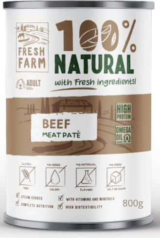 Prefera Fresh Farm DOG lygus pate su jautiena 800 gr - visavertis maistas, pastetės formos konservai šunims, su jautienos mėsa.