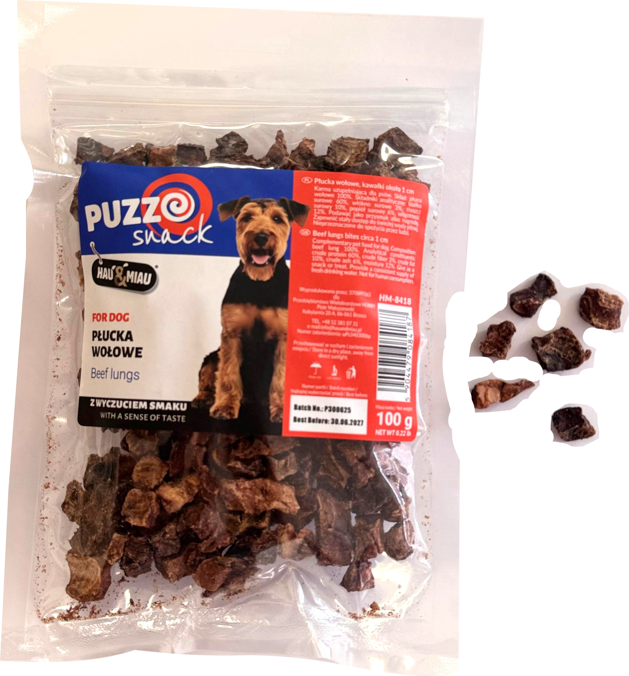 HAU&MIAU šunų užkandis, jautienos plaučiai, gabaliukai, 1cm 100g - papildomas maistas šunims, skanūs jaučio plaučių gabaliukai
