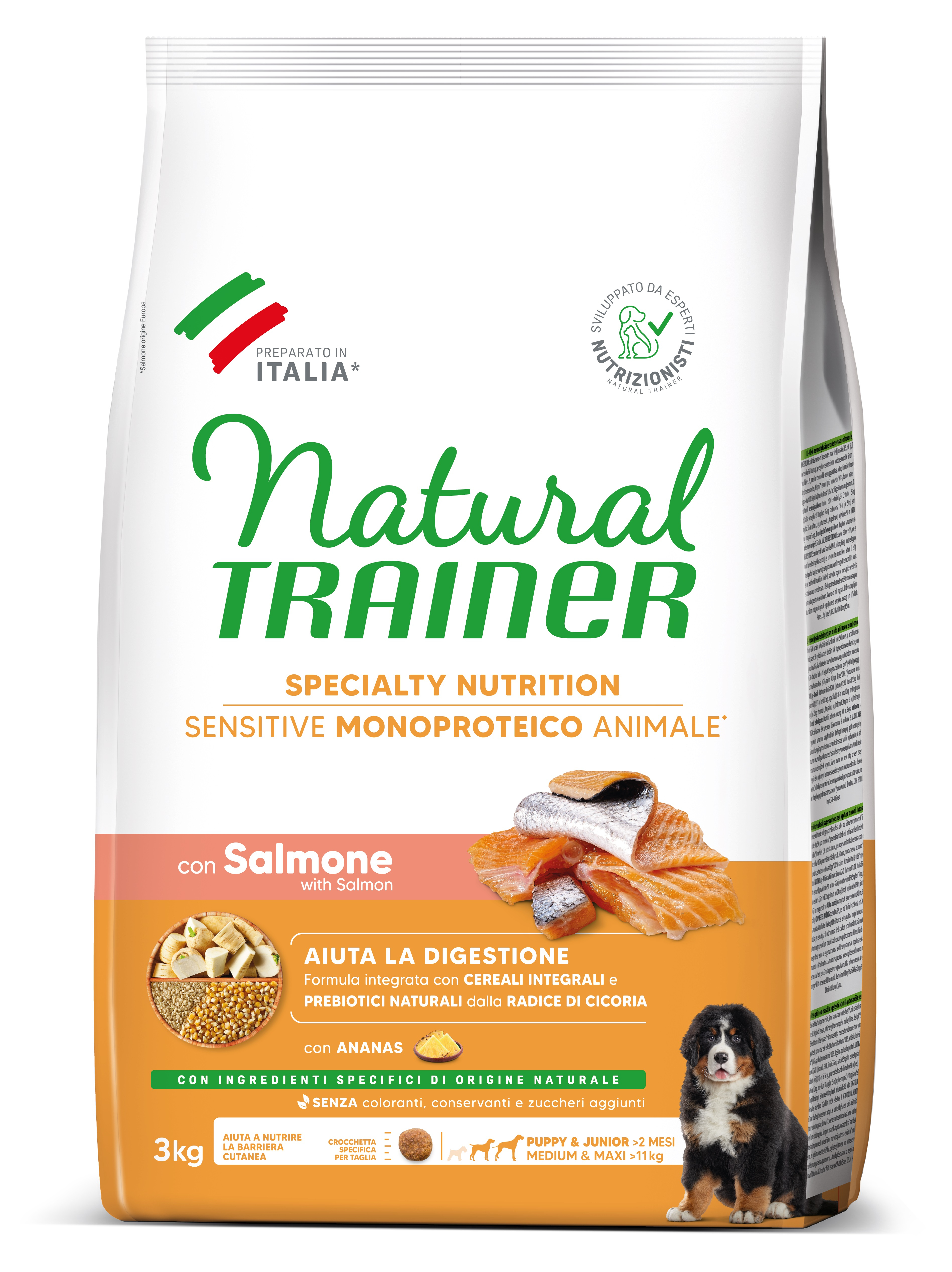 NATURAL TRAINERT DOG SENSITIVE NO GLUTEN PUPPY&JUNIOR MEDIUM/MAXI SALMON 3KG - pilnas vertės ir subalansuotas maistas vidutinio ir didelio dydžio šuniukams