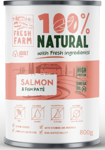 Prefera Fresh Farm Smooth paštetas su lašu ir žuvis 800 gr - visavertė mityba, pastetės formos konservai šunims, su lašu ir žuvimis.
