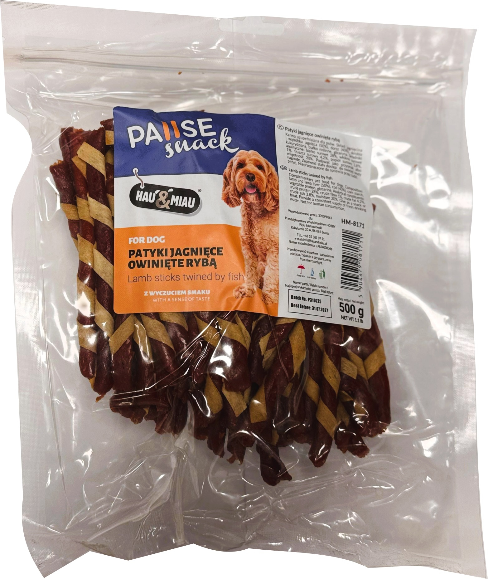 HAU & MIAU jagniatinos lazdelės apvyniotos žuvimi, 500 g - maistas suaugusiems šunims, jagniatinos lazdutės apvyniotos žuvies strypeliu.
