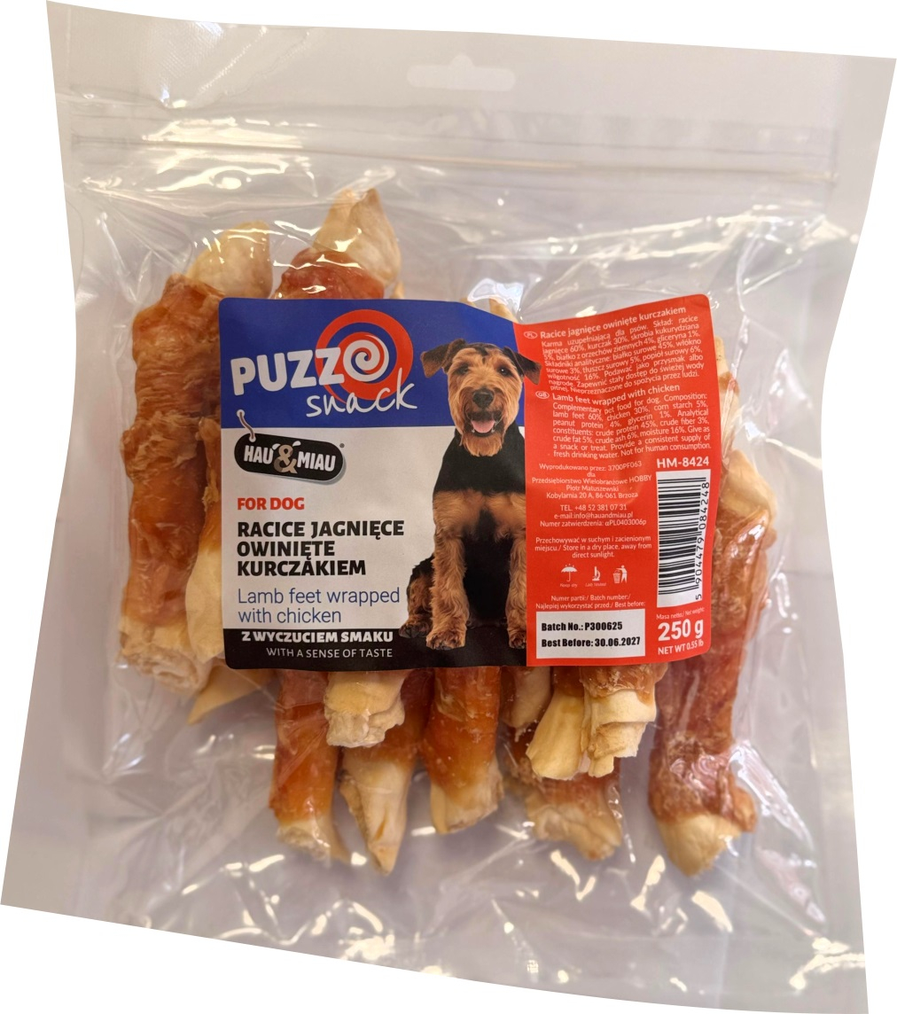 HAU&MIAU šunų užkandis, avienos kojos apvyniotos vištiena 250g - papildomas maistas suaugusiems šunims, jėros koja apvyniota vištiena
