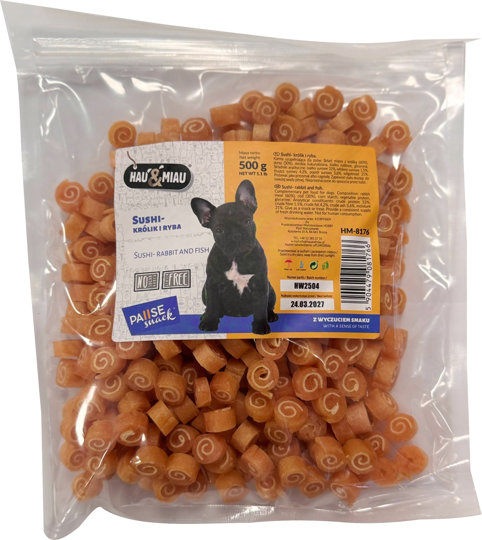 HAU & MIAU suši - trušis ir žuvis, 500 g — papildomas maistas suaugusiems šunims, suši su trušio mėsa ir žuvimi.
