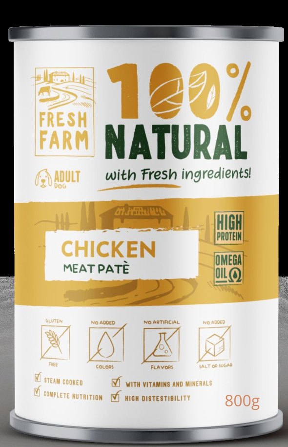 Prefera Fresh Farm DOG Smooth pate su vištiena 800 gr - pilnavertė maistas šunims, pastėtės tipo konservai su vištienos mėsa.