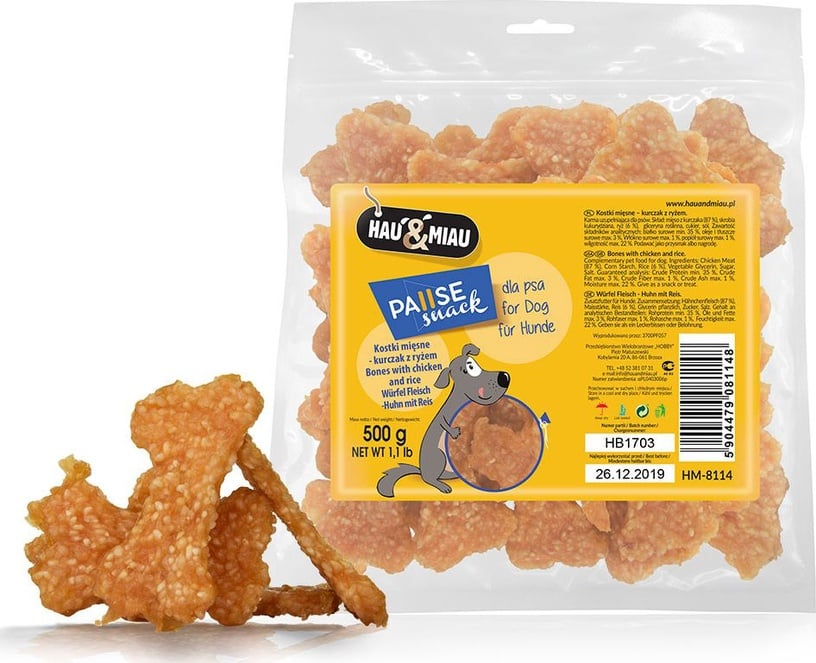 HAU&MIAU mėsos kauliukai su vištiena ir ryžiais 500g - papildomas maistas suaugusiems šunims, skanūs mėsos kauliukai su vištiena ir ryžiais