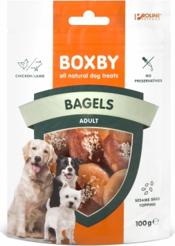 Boxby Bagels Chicken & Lamb 100g - papildomas maistas suaugusiems šunims, bageliai su avienos ir vištienos mėsa, apibarstyti sezamo sėklomis, suteikiančiomis jiems unikalų riešutų skonį.