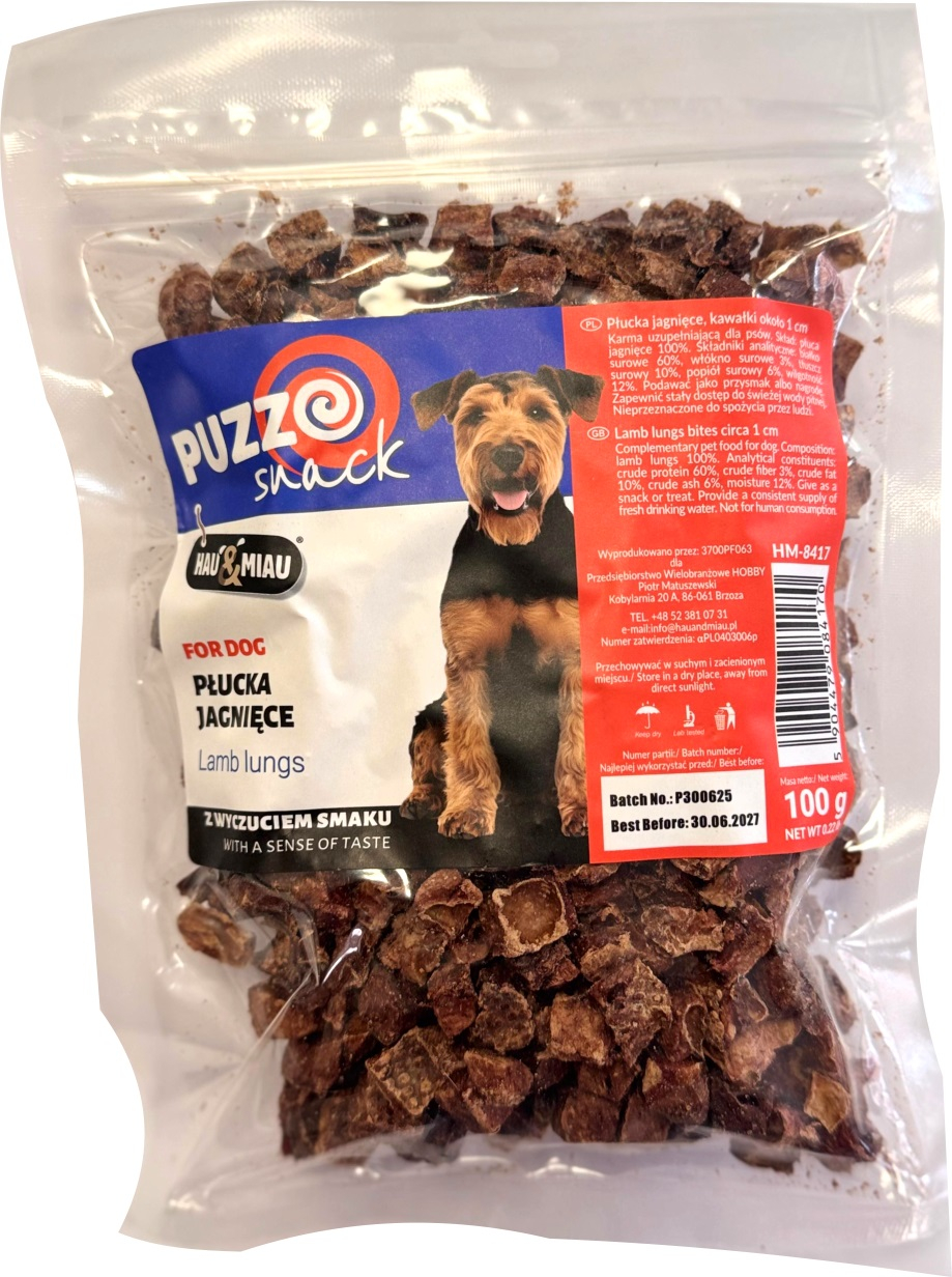 HAU&MIAU šunų priedas, avienos plaučiai, gabalėliai, 1cm 100g - papildomo maisto produktai šunims, skanūs avinėlio plaučių gabaliukai, 1cm