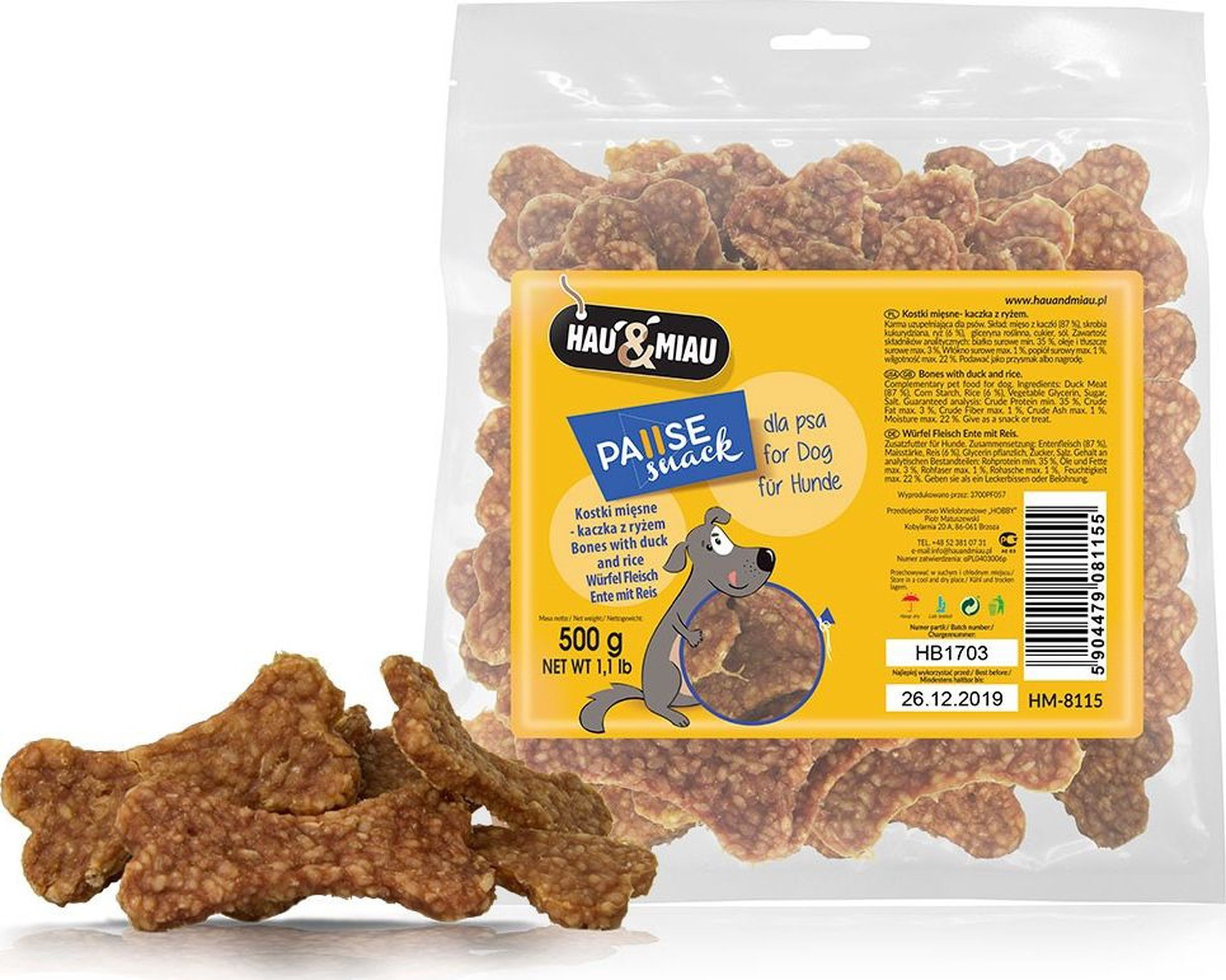 HAU&MIAU mėsos kaulai su antiena ir ryžiais 500g - papildomas maistas suaugusiems šunims, skanūs mėsos kaulai su anties mėsa ir ryžiais