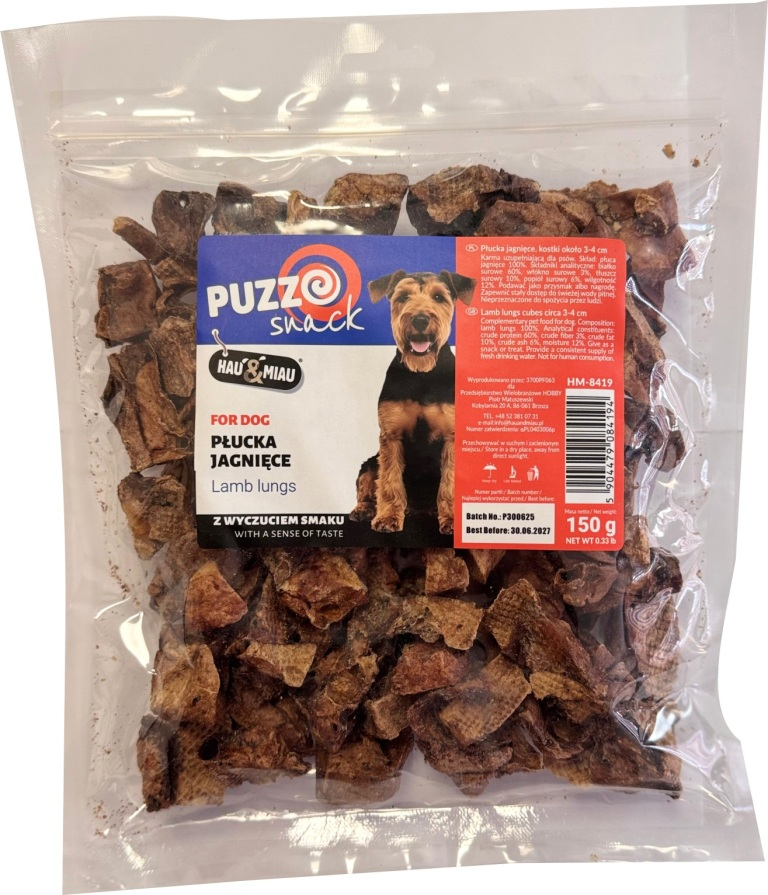 HAU&MIAU šuniuko užkandžiai, avienos plaučiai, kubeliai, 3-4cm 150g - papildomas maistas šunims, skanūs avienos plaučių kubeliai, 3x4 cm