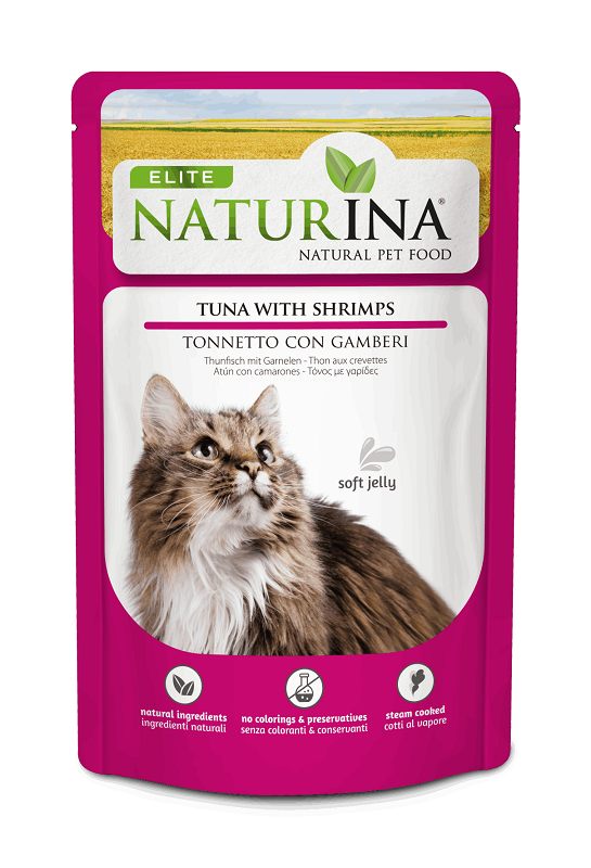 NATURINA ELITE DRĖGNAS TUNCIKA SU KREVETĖMIS ŽELĖJE 70G - KONSERVAI KATĖMS (TUNCIKA SU KREVETĖMIS ŽELĖJE)